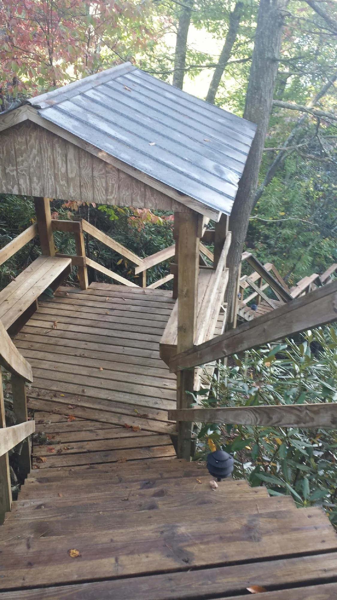 Metal roofed shelter over wooden steps on a wooded walkway — Skylight Repair & Installation work by our crew in Burgess